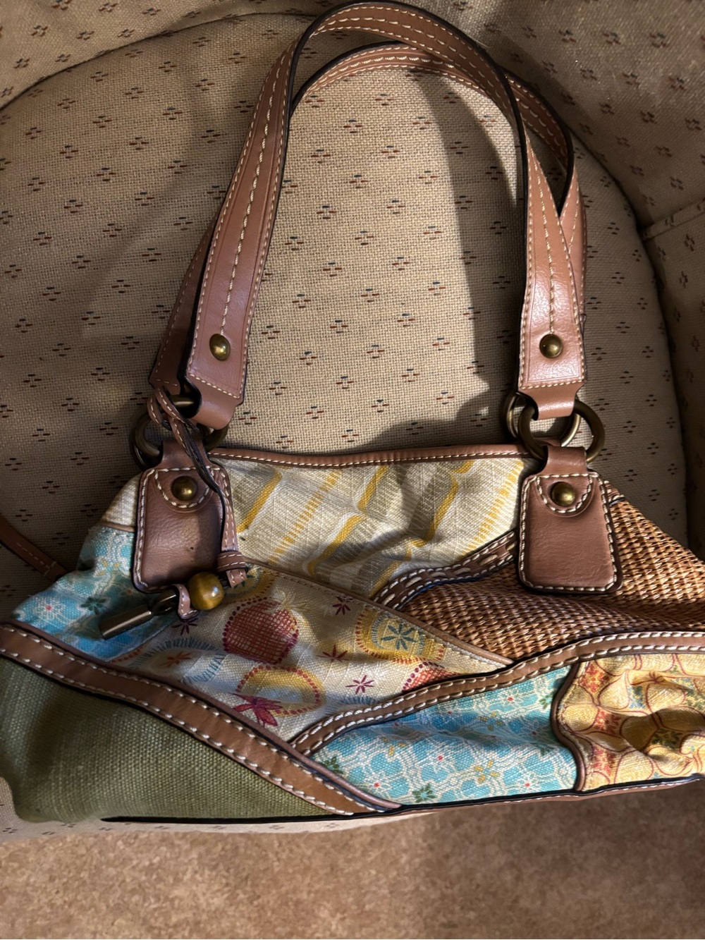 Fossil Multicolor Patchwork Shoulder Bag with Tan Trim